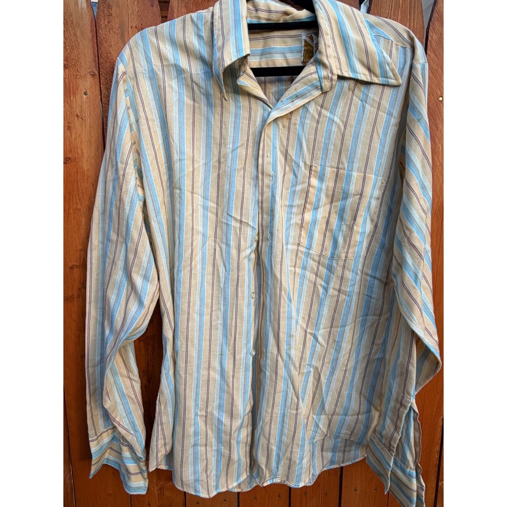 Vintage BVD Brand Striped Button Down Shirt 70s Pointed Collar Tan Blue Brown M